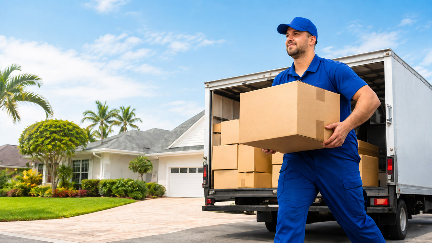 A My Next Moving crew member carrying a box to an open moving truck outside a South Florida home