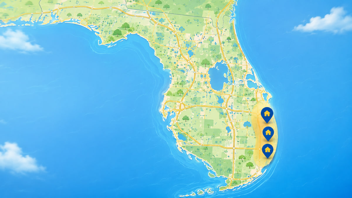 Map of Florida showing the Palm Beach to Miami service area highlighted along the southeast coast